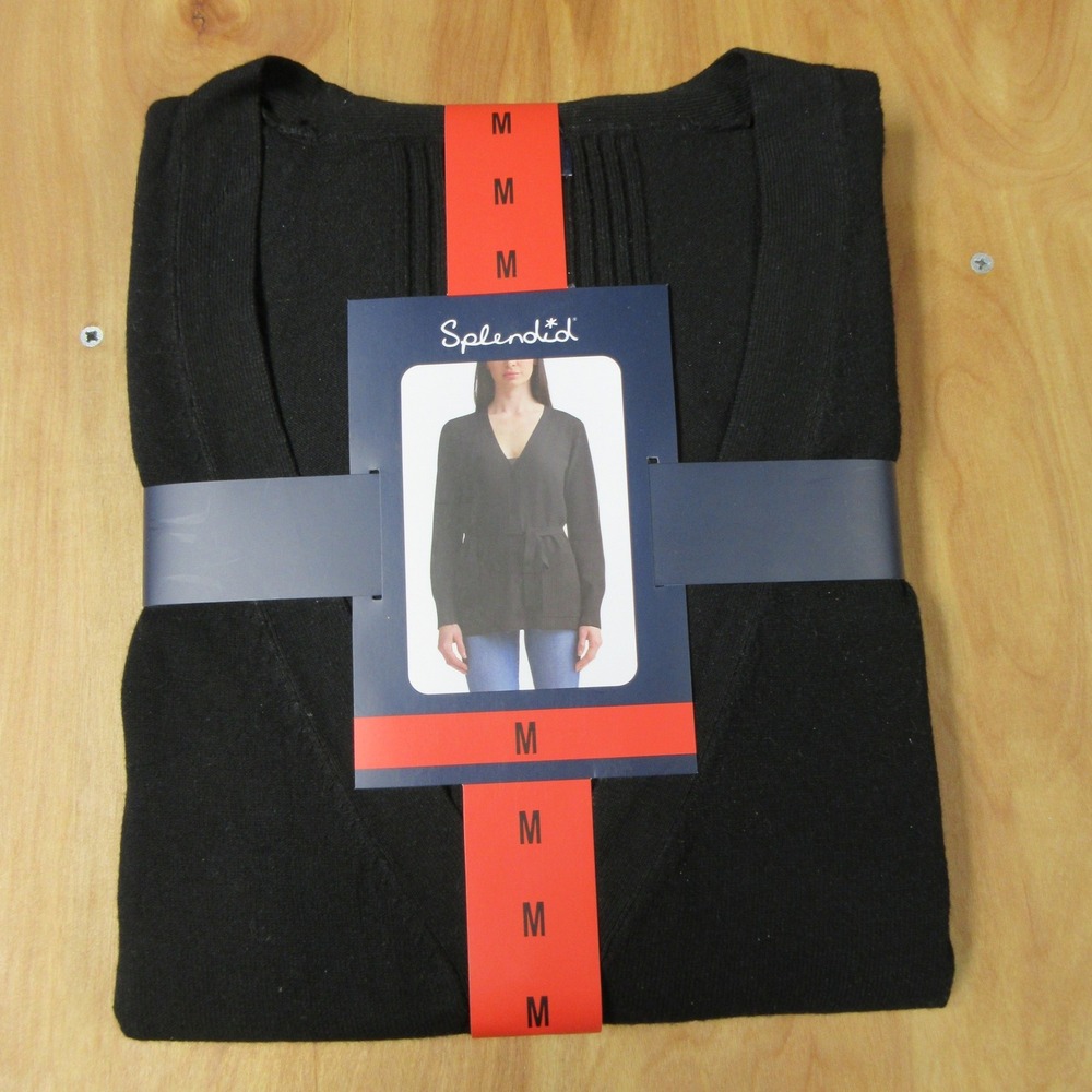 SPLENDID Button Front Belted Cardigan Sweater Medium Blk Knit Ribbed Details NWT